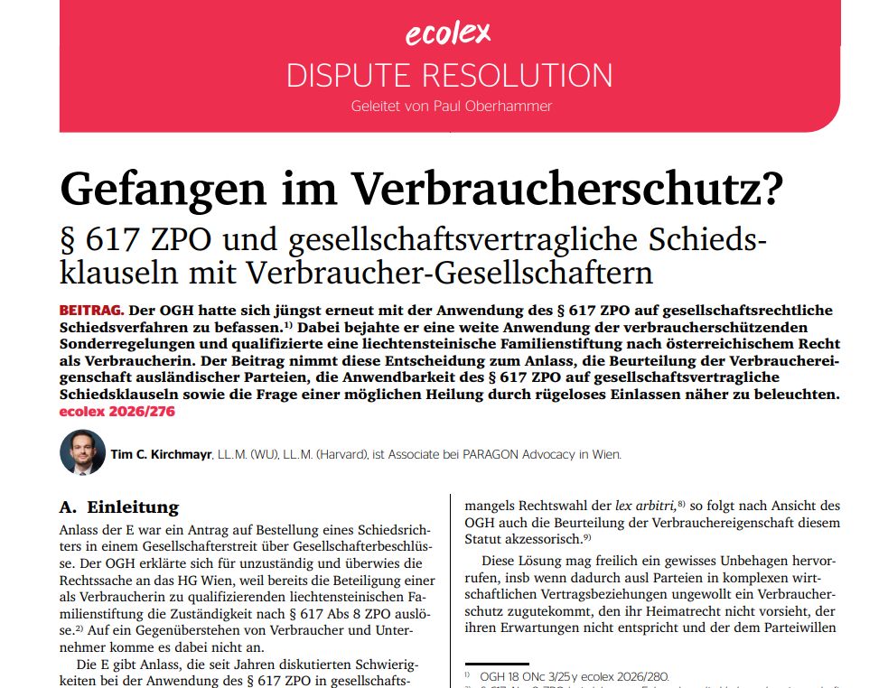 NEW PUBLICATION BY Tim C. Kirchmayr – CASE NOTE ON AUSTRIAN SUPREME COURT DECISION